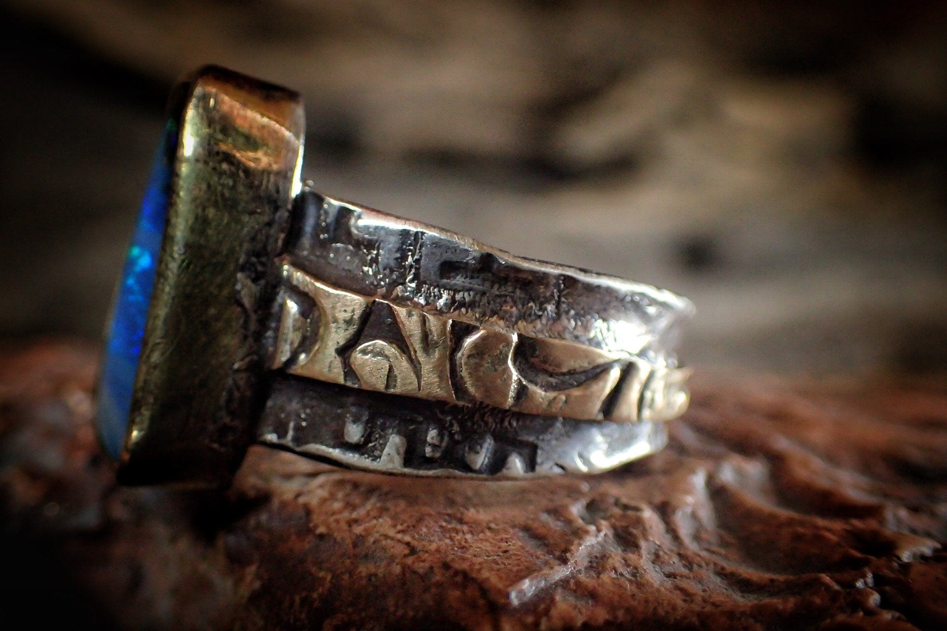 Boulder Opal in Textured Gold and Silver Ring ~ Aztec Pirate Style / Band US Size 11
