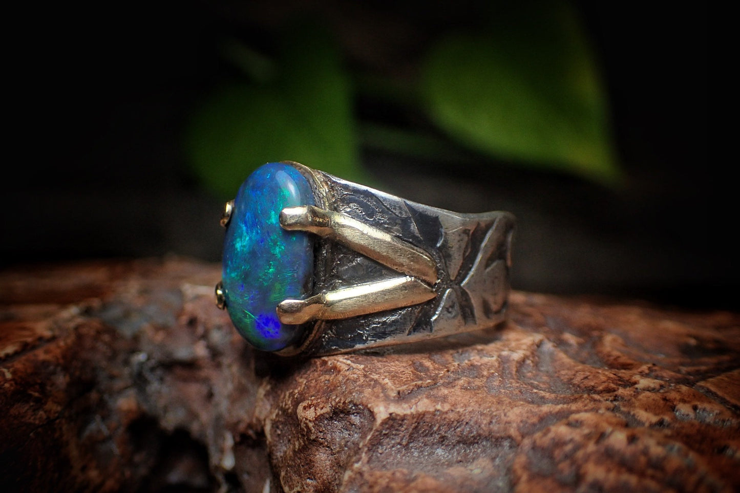 Solid Lightning Ridge Opal in Textured Silver Ring with Gold Embellishments ~ Bohemian Pirate Style / Band US Size 9.75
