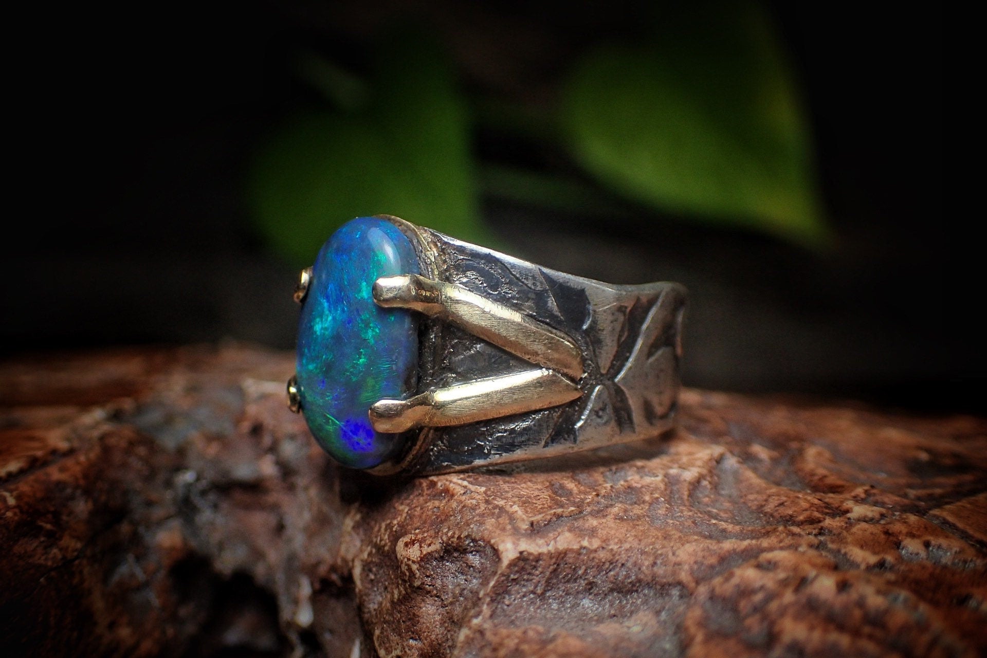 Solid Lightning Ridge Opal in Textured Silver Ring with Gold Embellishments ~ Bohemian Pirate Style / Band US Size 9.75