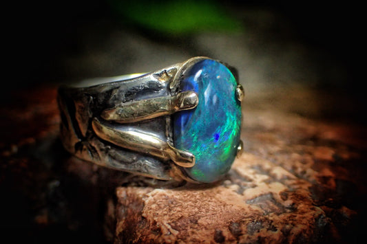 Solid Lightning Ridge Opal in Textured Silver Ring with Gold Embellishments ~ Bohemian Pirate Style / Band US Size 9.75