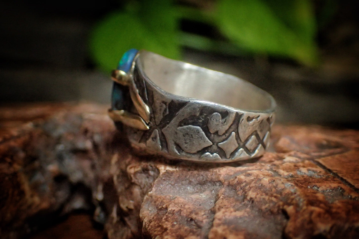 Solid Lightning Ridge Opal in Textured Silver Ring with Gold Embellishments ~ Bohemian Pirate Style / Band US Size 9.75