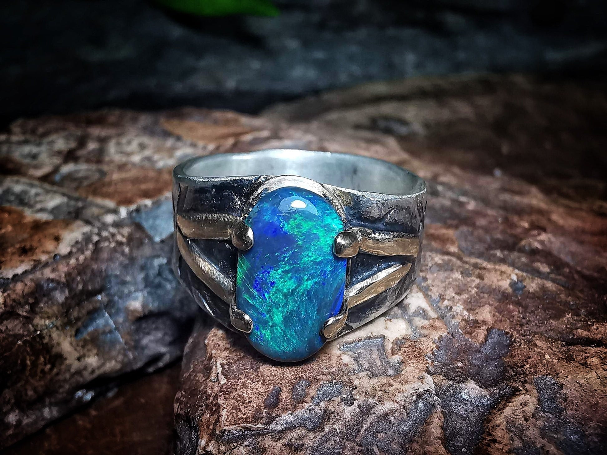 Solid Lightning Ridge Opal in Textured Silver Ring with Gold Embellishments ~ Bohemian Pirate Style / Band US Size 9.75