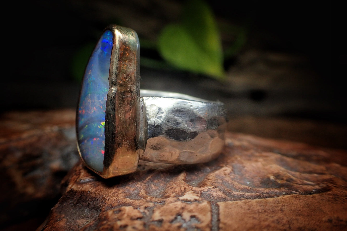 Rainbow Boulder Opal in Chunky Hammered Gold and Silver Ring ~ Band US Size 7