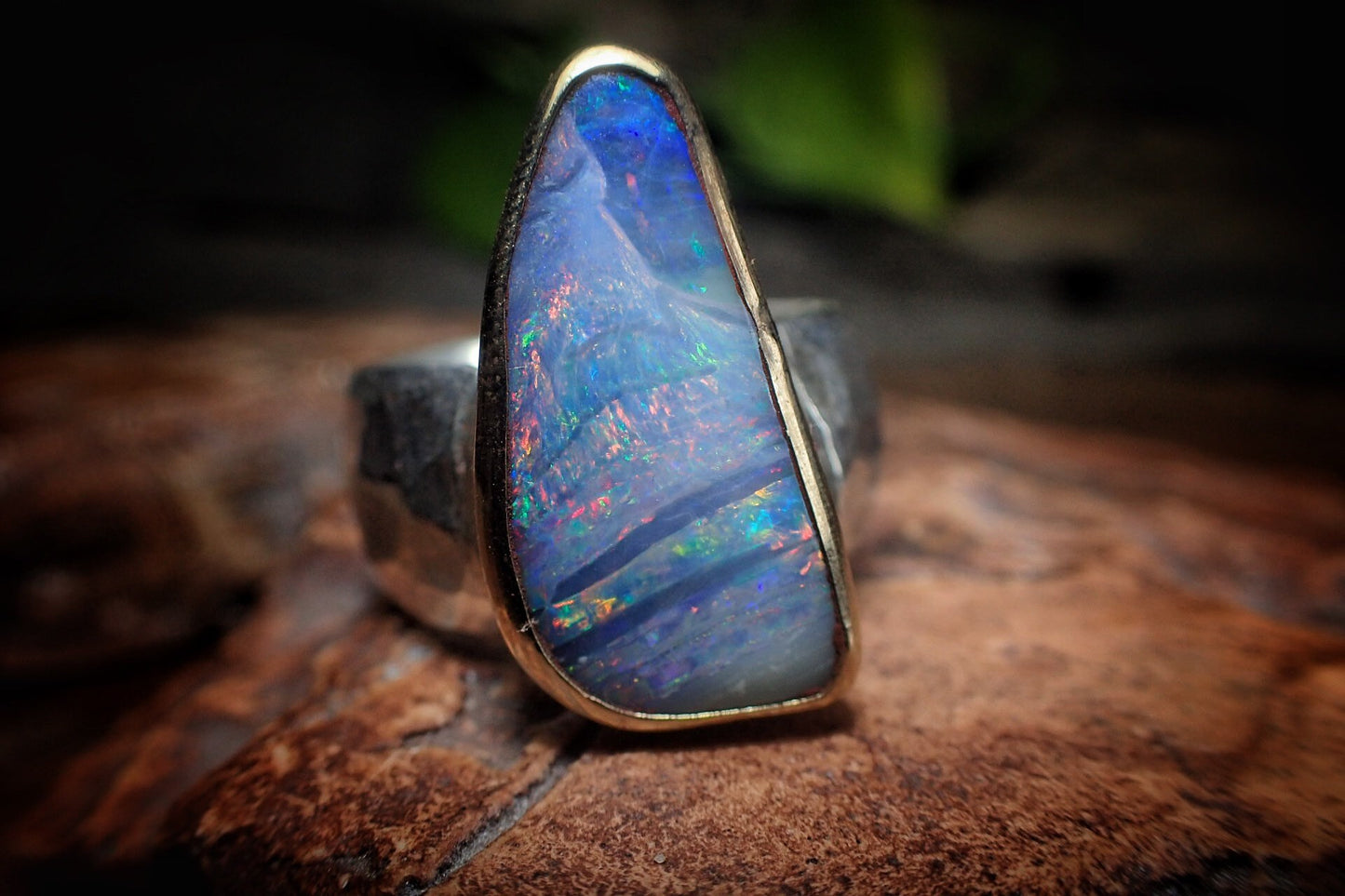 Rainbow Boulder Opal in Chunky Hammered Gold and Silver Ring ~ Band US Size 7
