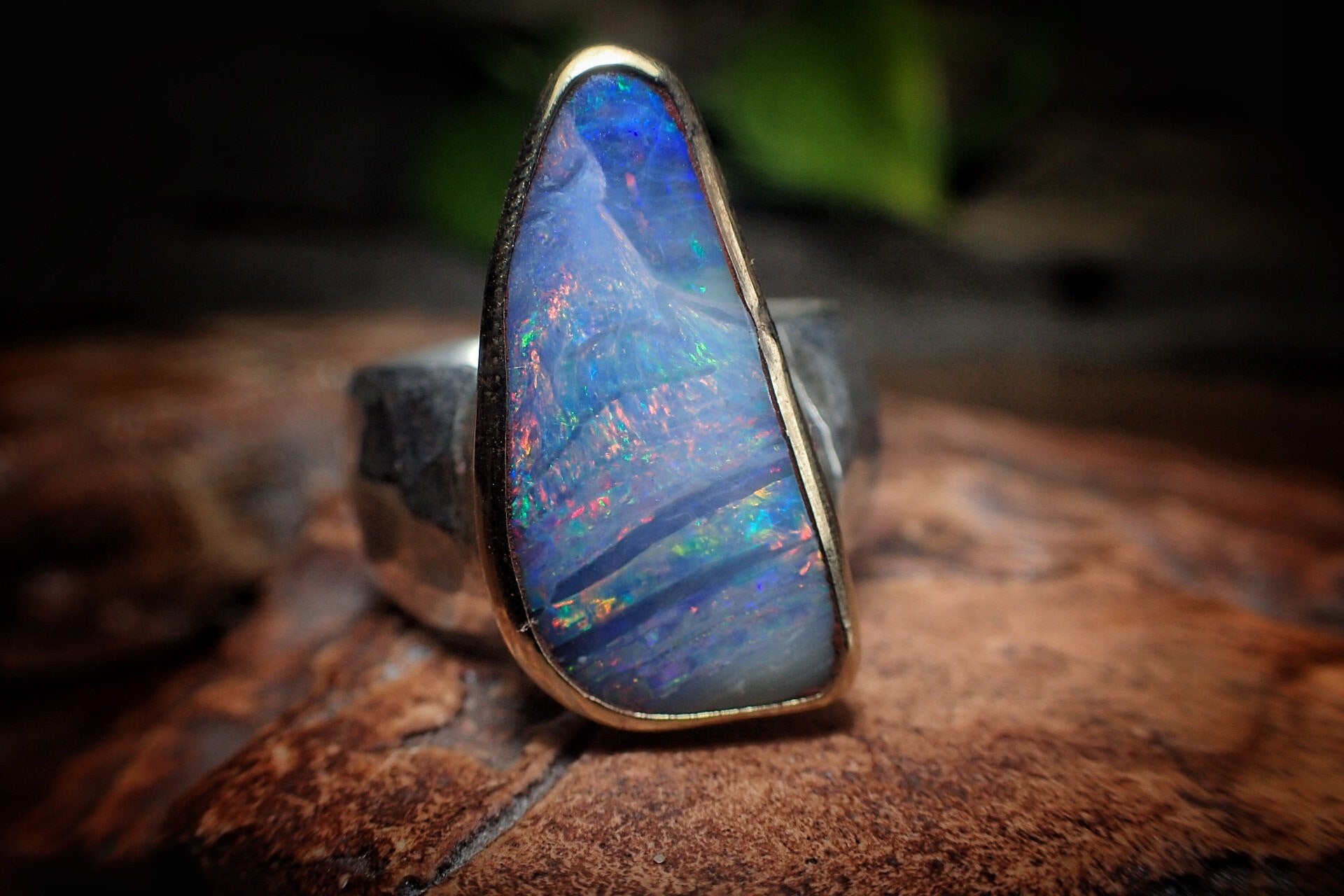 Rainbow Boulder Opal in Chunky Hammered Gold and Silver Ring ~ Band US Size 7