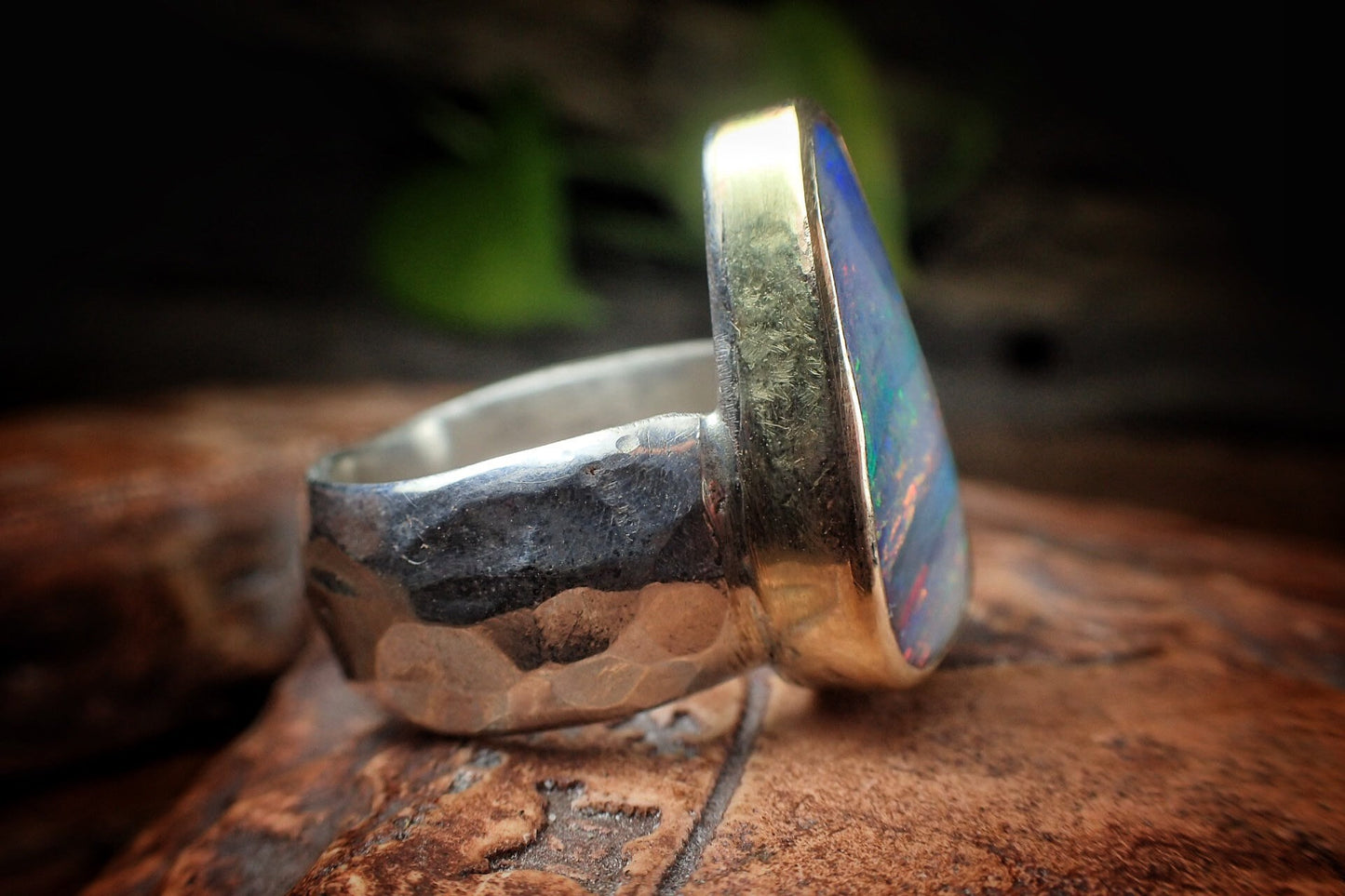 Rainbow Boulder Opal in Chunky Hammered Gold and Silver Ring ~ Band US Size 7