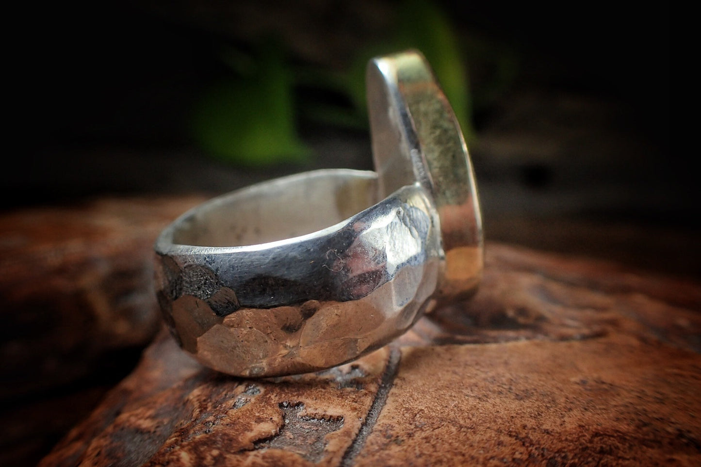 Rainbow Boulder Opal in Chunky Hammered Gold and Silver Ring ~ Band US Size 7