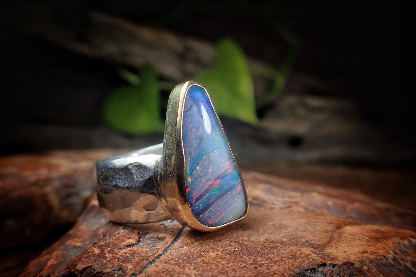 Rainbow Boulder Opal in Chunky Hammered Gold and Silver Ring ~ Band US Size 7