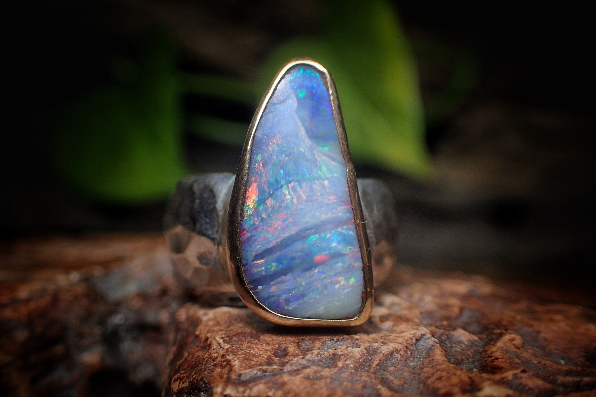Rainbow Boulder Opal in Chunky Hammered Gold and Silver Ring ~ Band US Size 7