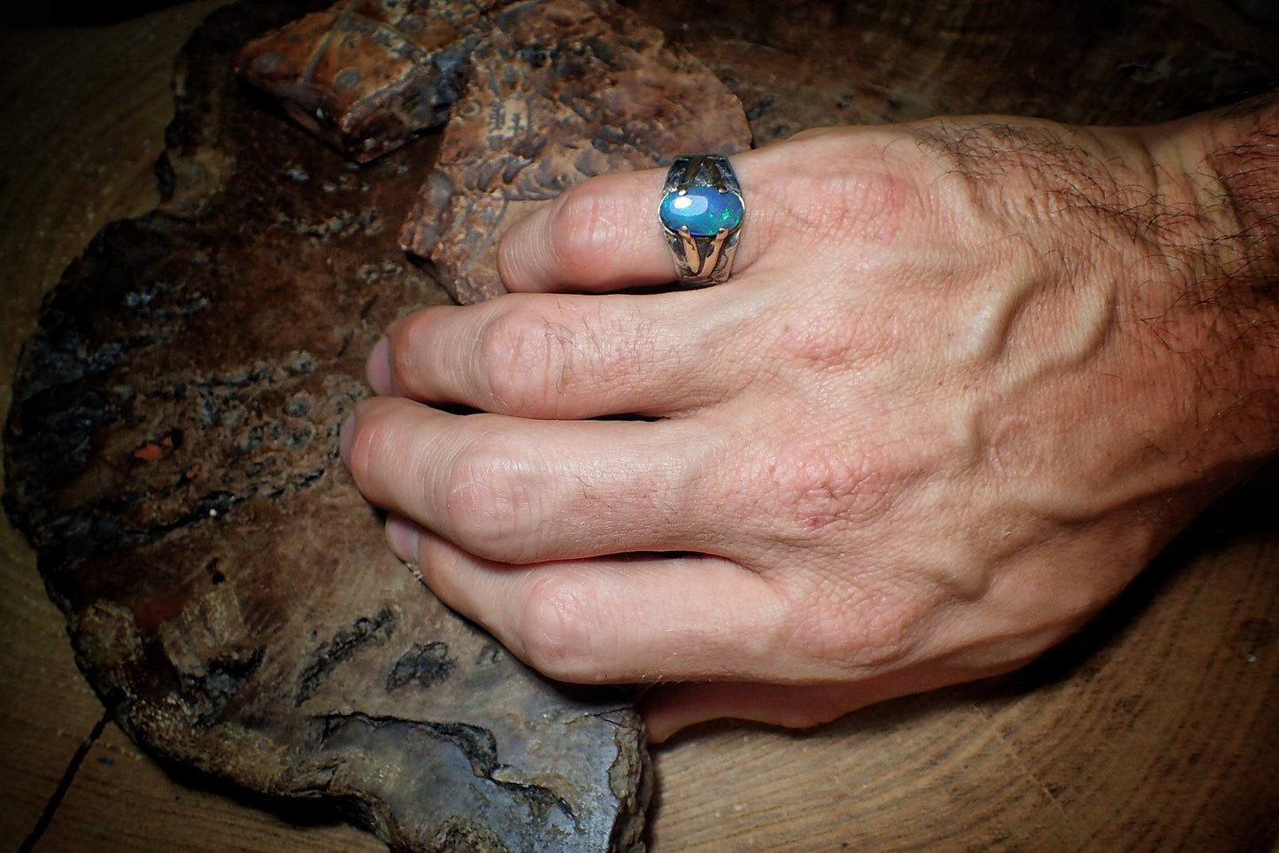Solid Lightning Ridge Opal in Textured Silver Ring with Gold Embellishments ~ Bohemian Pirate Style / Band US Size 9.75