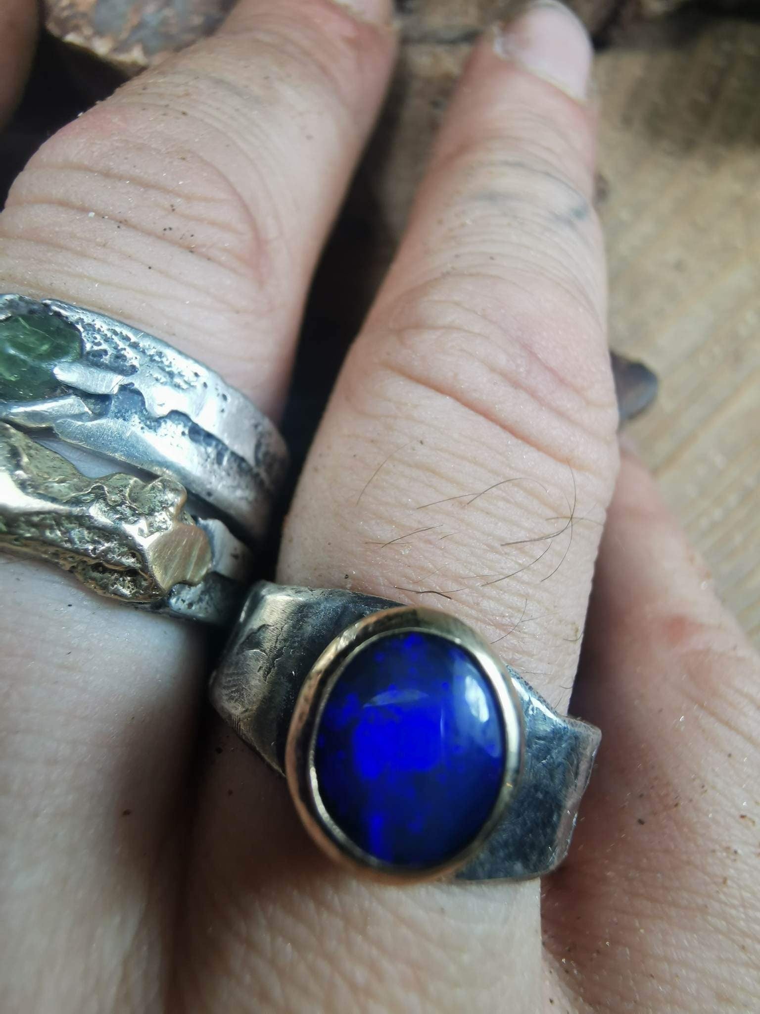 Electric Blue Solid Lightning Ridge Black Opal in Chunky Textured Gold and Silver Ring ~ Band US Size