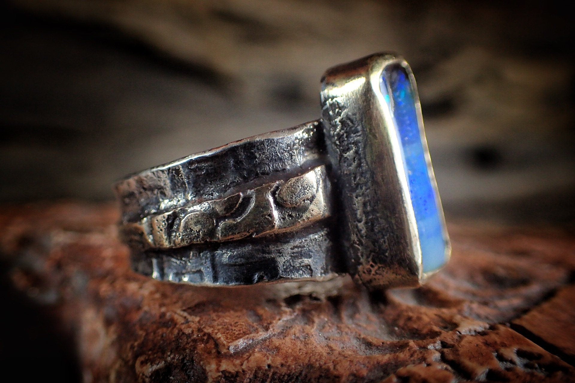 Boulder Opal in Textured Gold and Silver Ring ~ Aztec Pirate Style / Band US Size 11