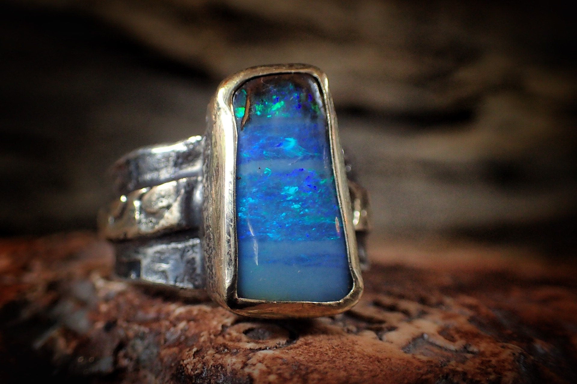 Boulder Opal in Textured Gold and Silver Ring ~ Aztec Pirate Style / Band US Size 11