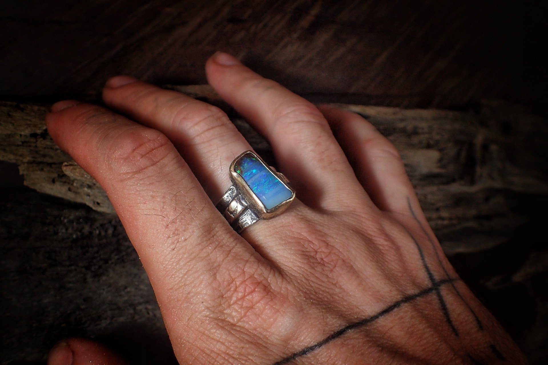 Boulder Opal in Textured Gold and Silver Ring ~ Aztec Pirate Style / Band US Size 11