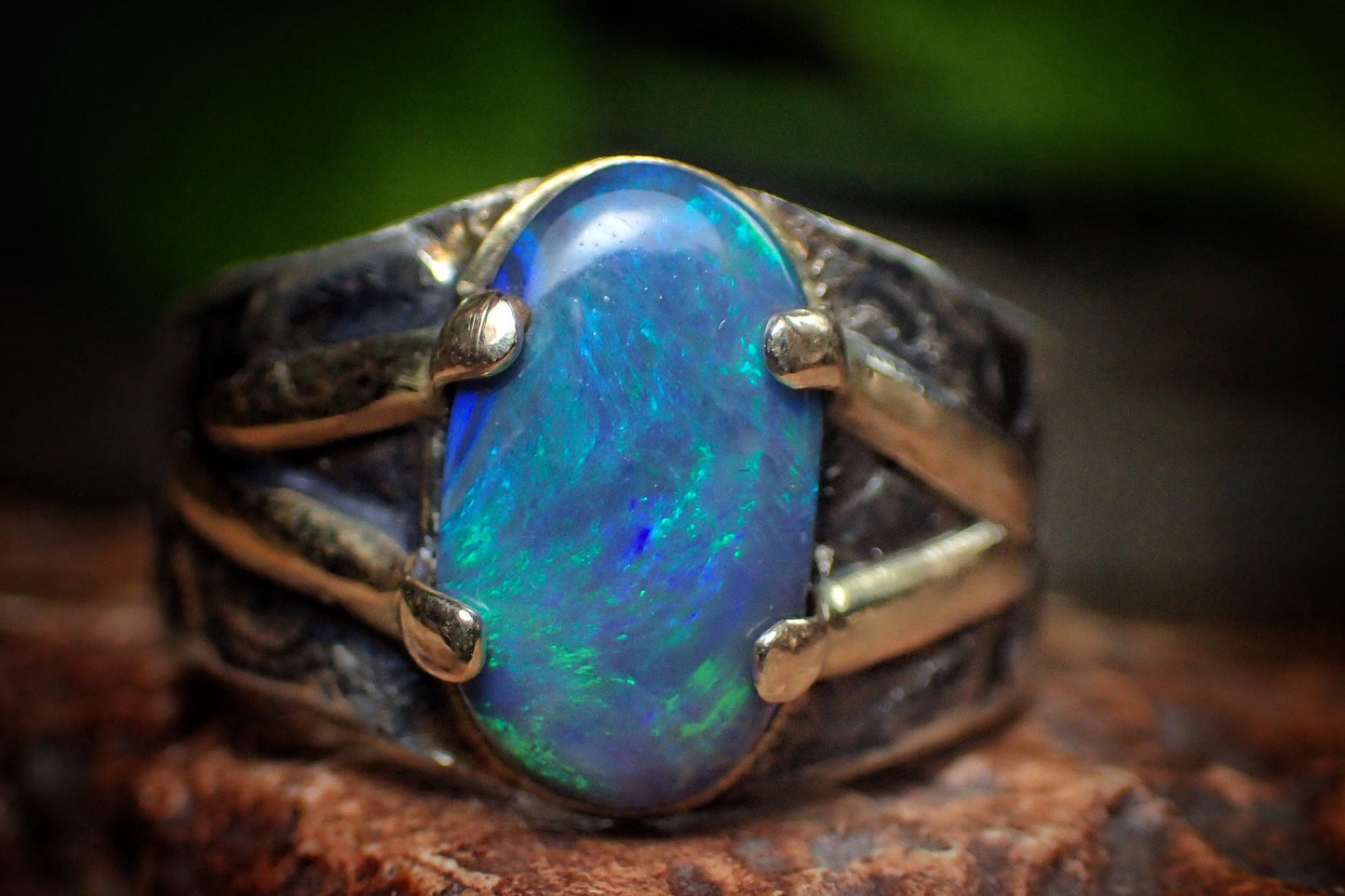 Solid Lightning Ridge Opal in Textured Silver Ring with Gold Embellishments ~ Bohemian Pirate Style / Band US Size 9.75