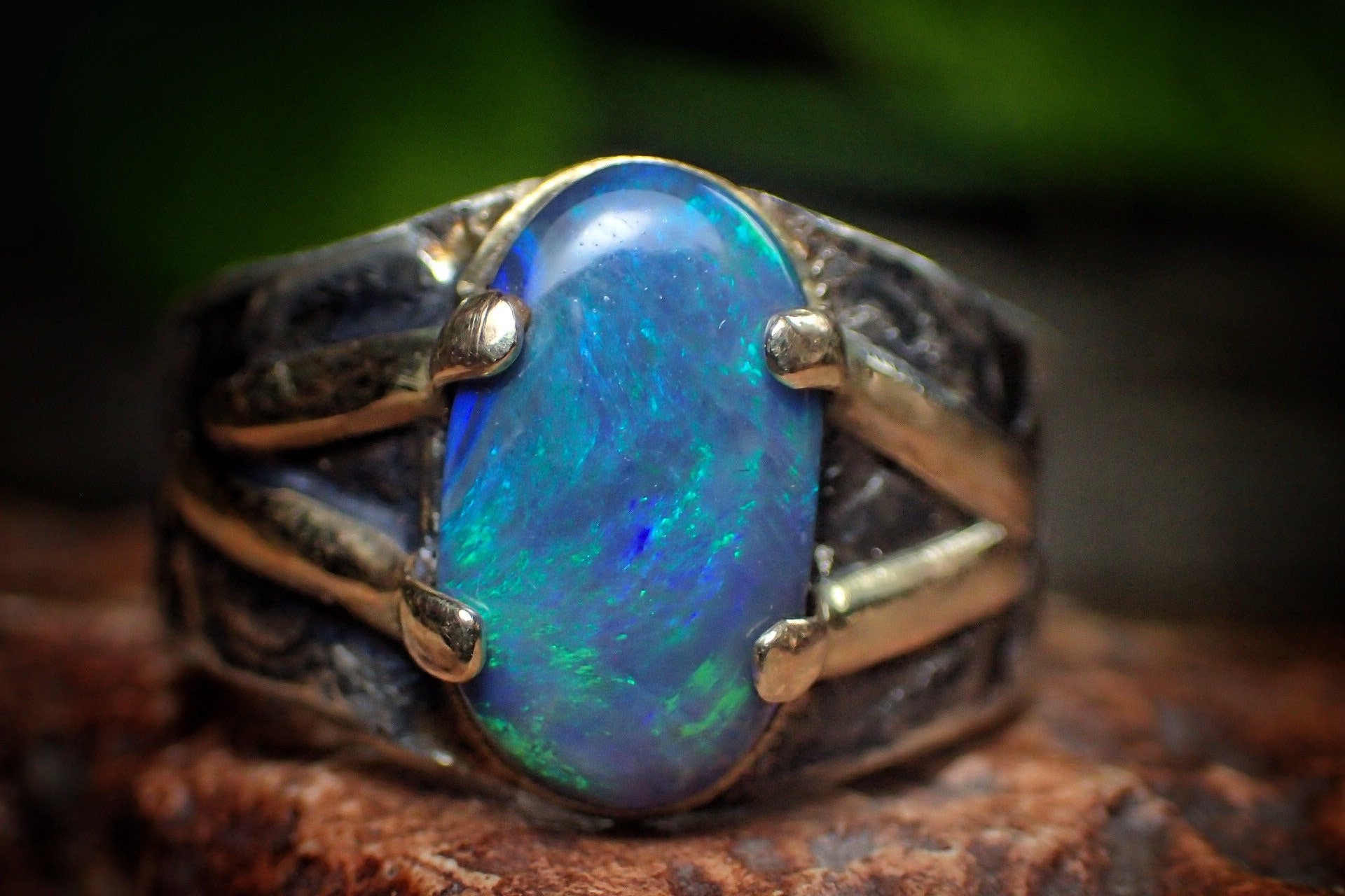 Solid Lightning Ridge Opal in Textured Silver Ring with Gold Embellishments ~ Bohemian Pirate Style / Band US Size 9.75