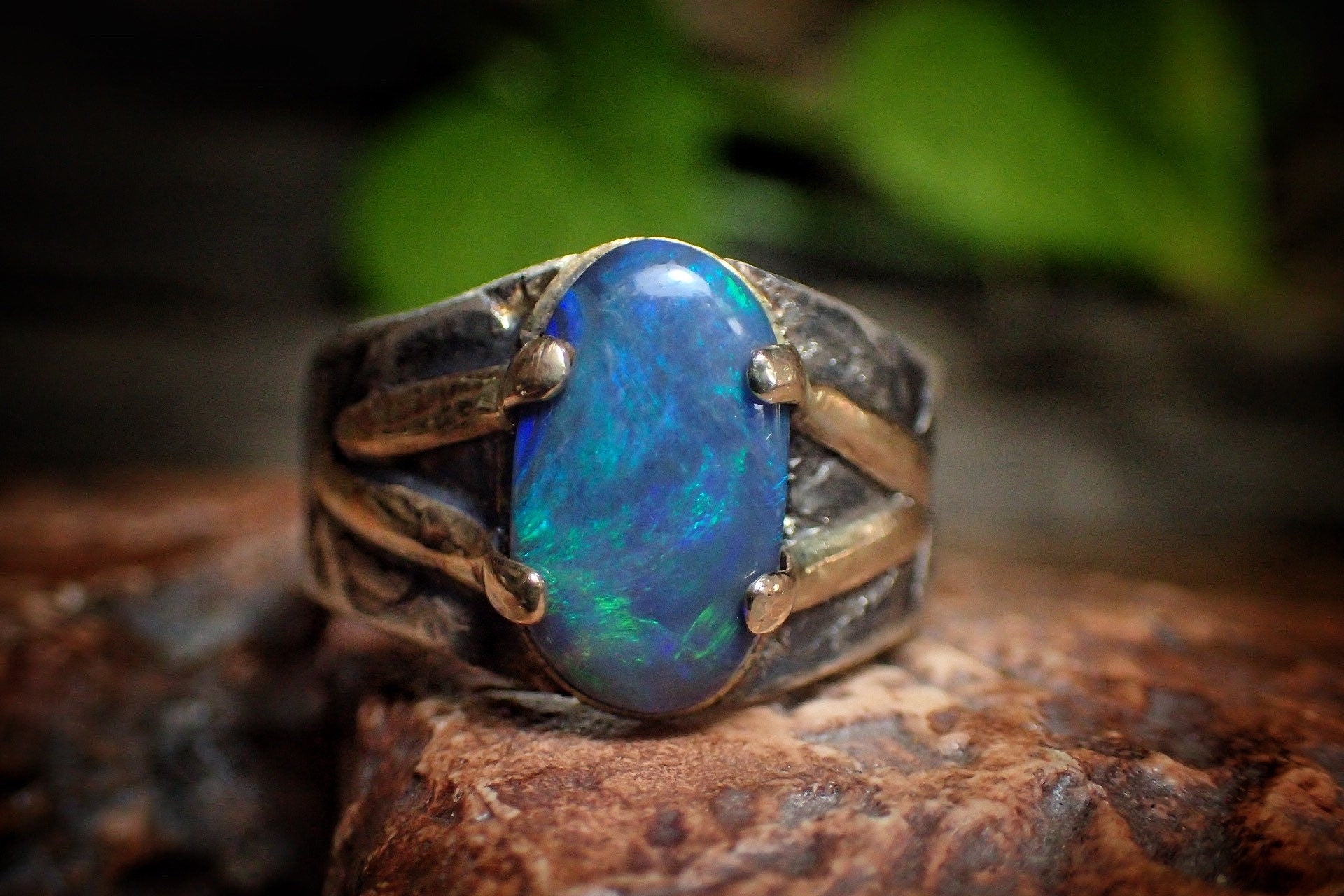 Solid Lightning Ridge Opal in Textured Silver Ring with Gold Embellishments ~ Bohemian Pirate Style / Band US Size 9.75