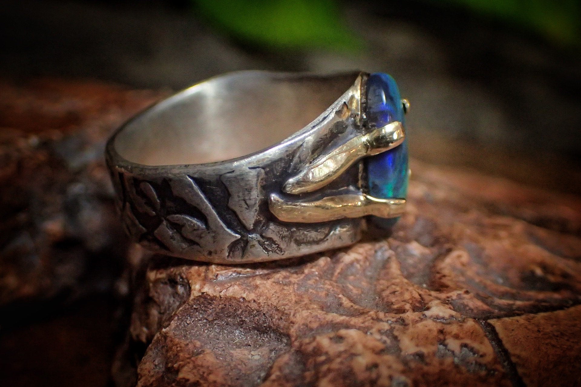 Solid Lightning Ridge Opal in Textured Silver Ring with Gold Embellishments ~ Bohemian Pirate Style / Band US Size 9.75
