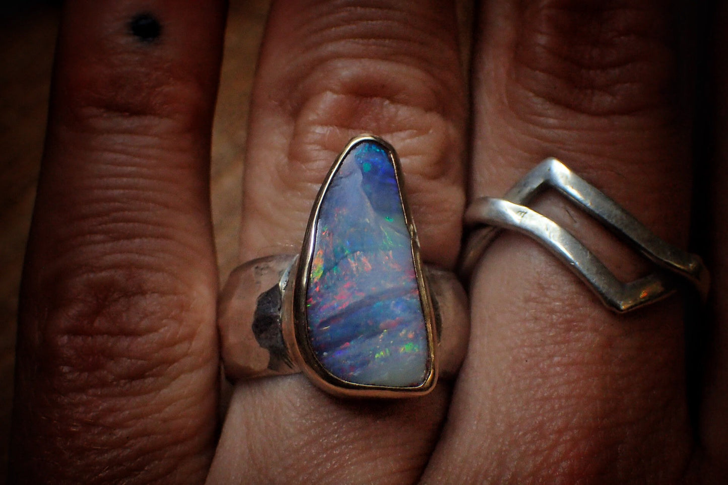 Rainbow Boulder Opal in Chunky Hammered Gold and Silver Ring ~ Band US Size 7