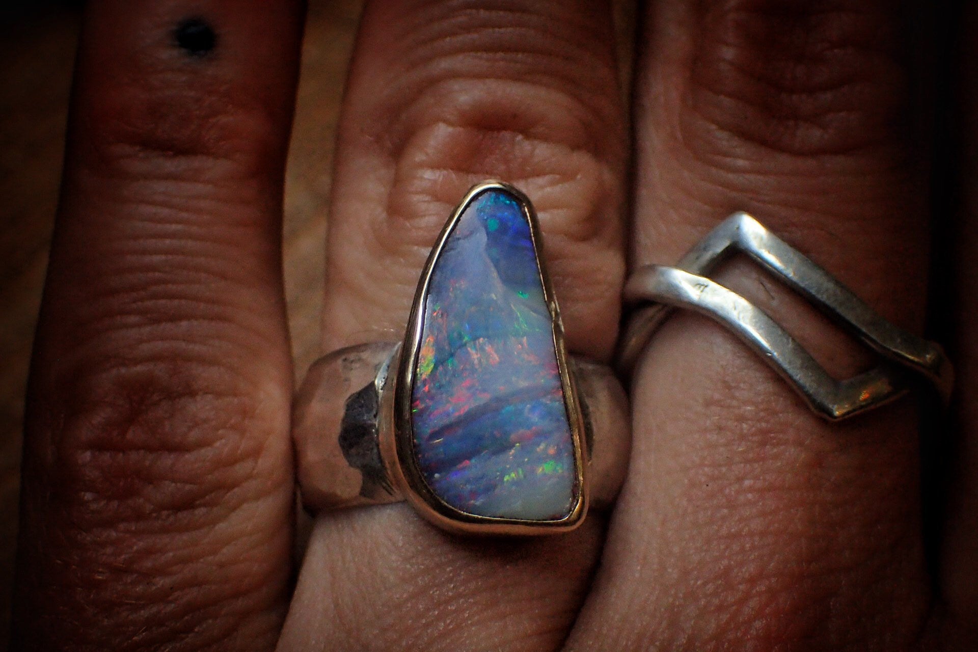 Rainbow Boulder Opal in Chunky Hammered Gold and Silver Ring ~ Band US Size 7