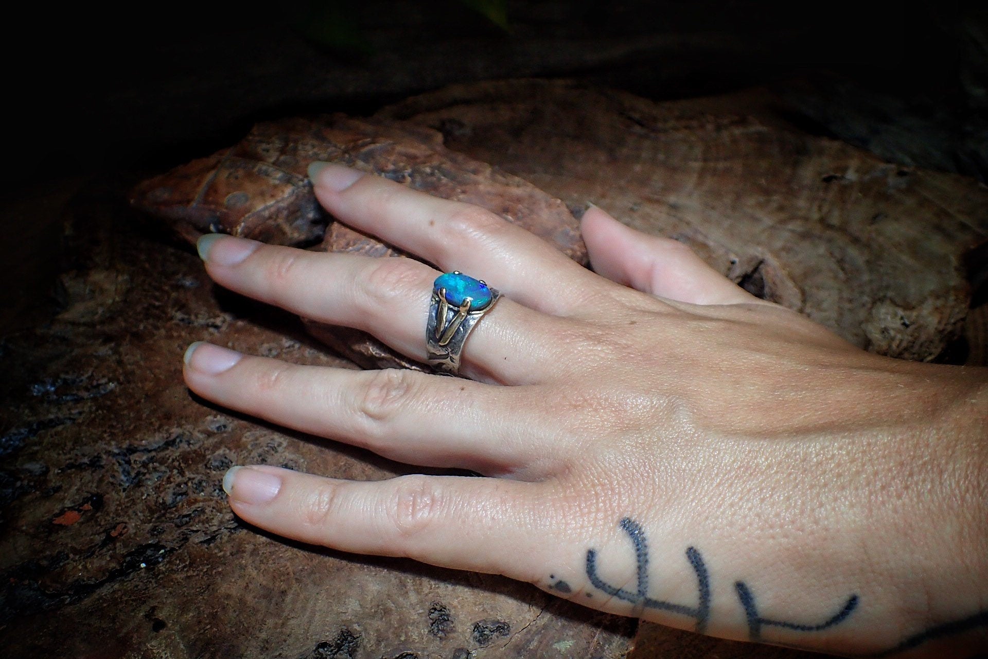Solid Lightning Ridge Opal in Textured Silver Ring with Gold Embellishments ~ Bohemian Pirate Style / Band US Size 9.75