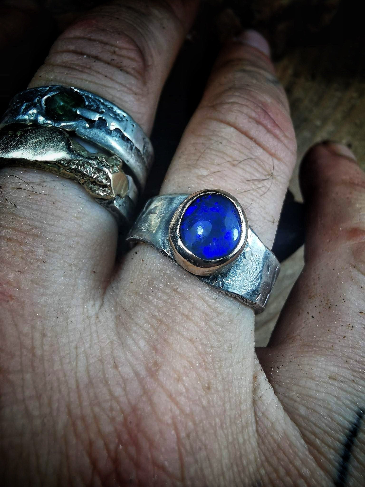 Electric Blue Solid Lightning Ridge Black Opal in Chunky Textured Gold and Silver Ring ~ Band US Size