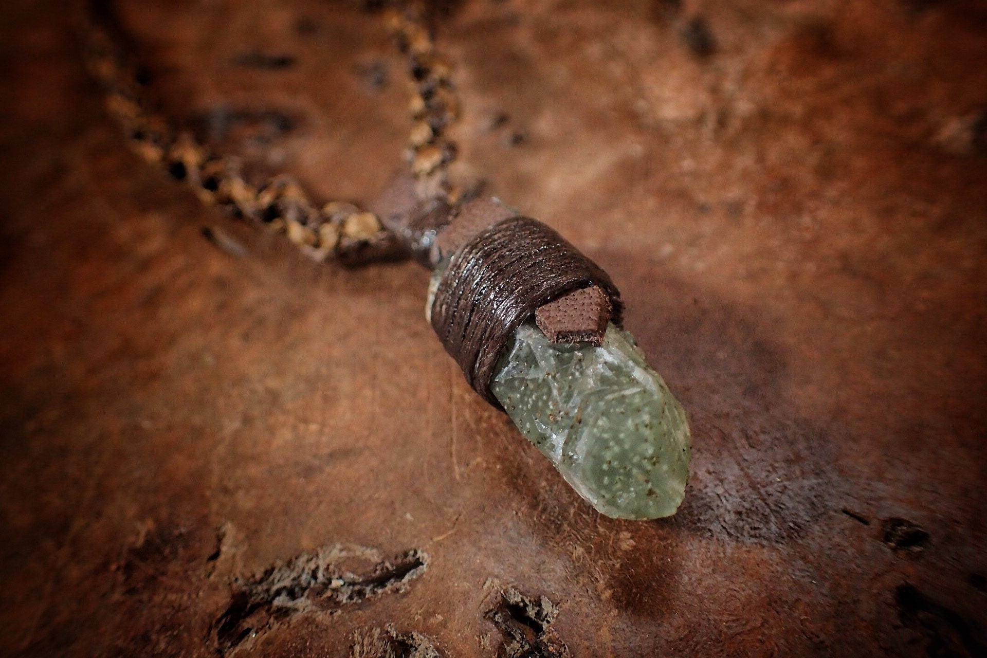 Green Quartz Pendant with Adjustable Hand Woven Macrame Style Necklace