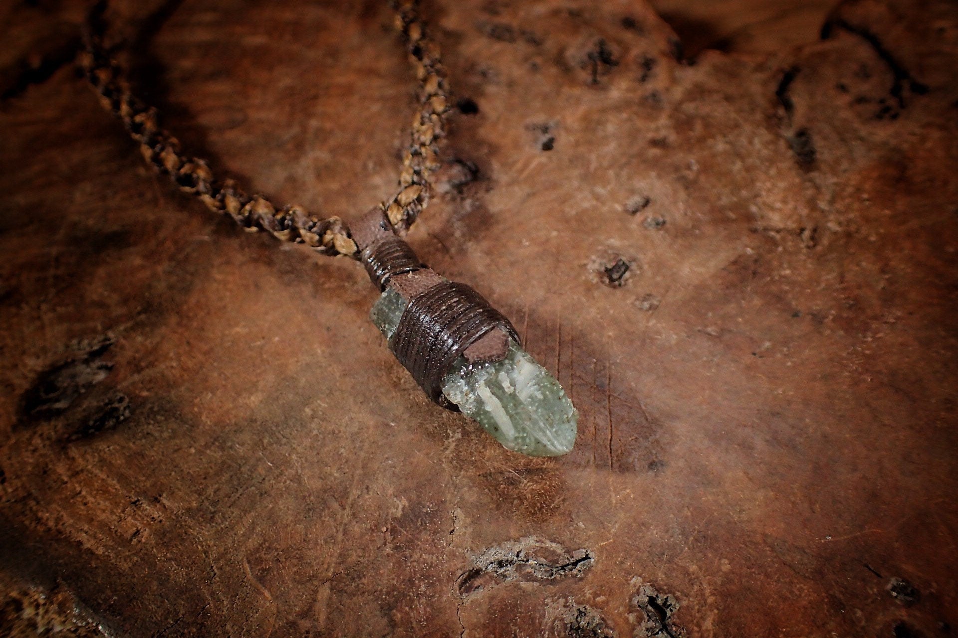 Green Quartz Pendant with Adjustable Hand Woven Macrame Style Necklace