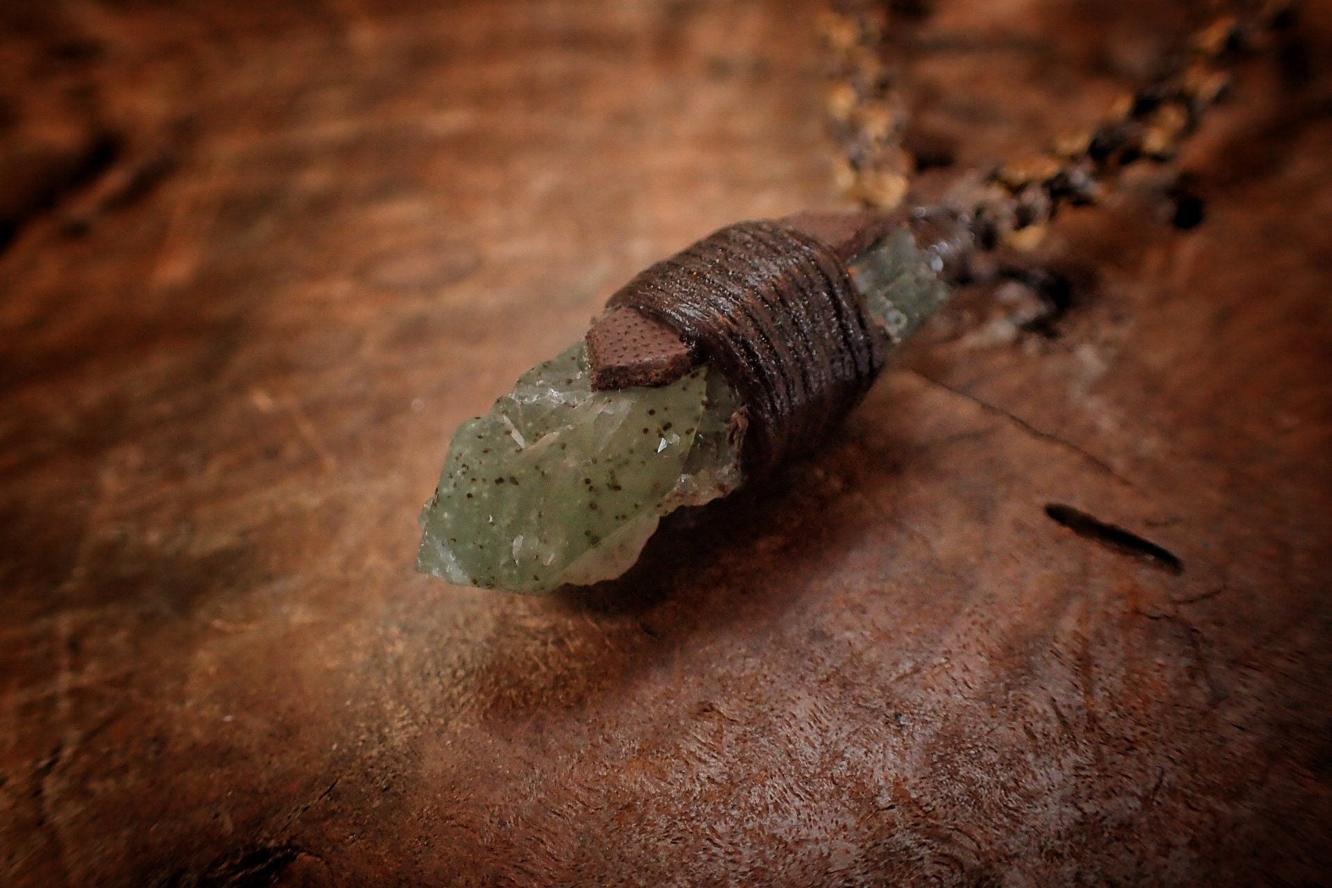 Green Quartz Pendant with Adjustable Hand Woven Macrame Style Necklace