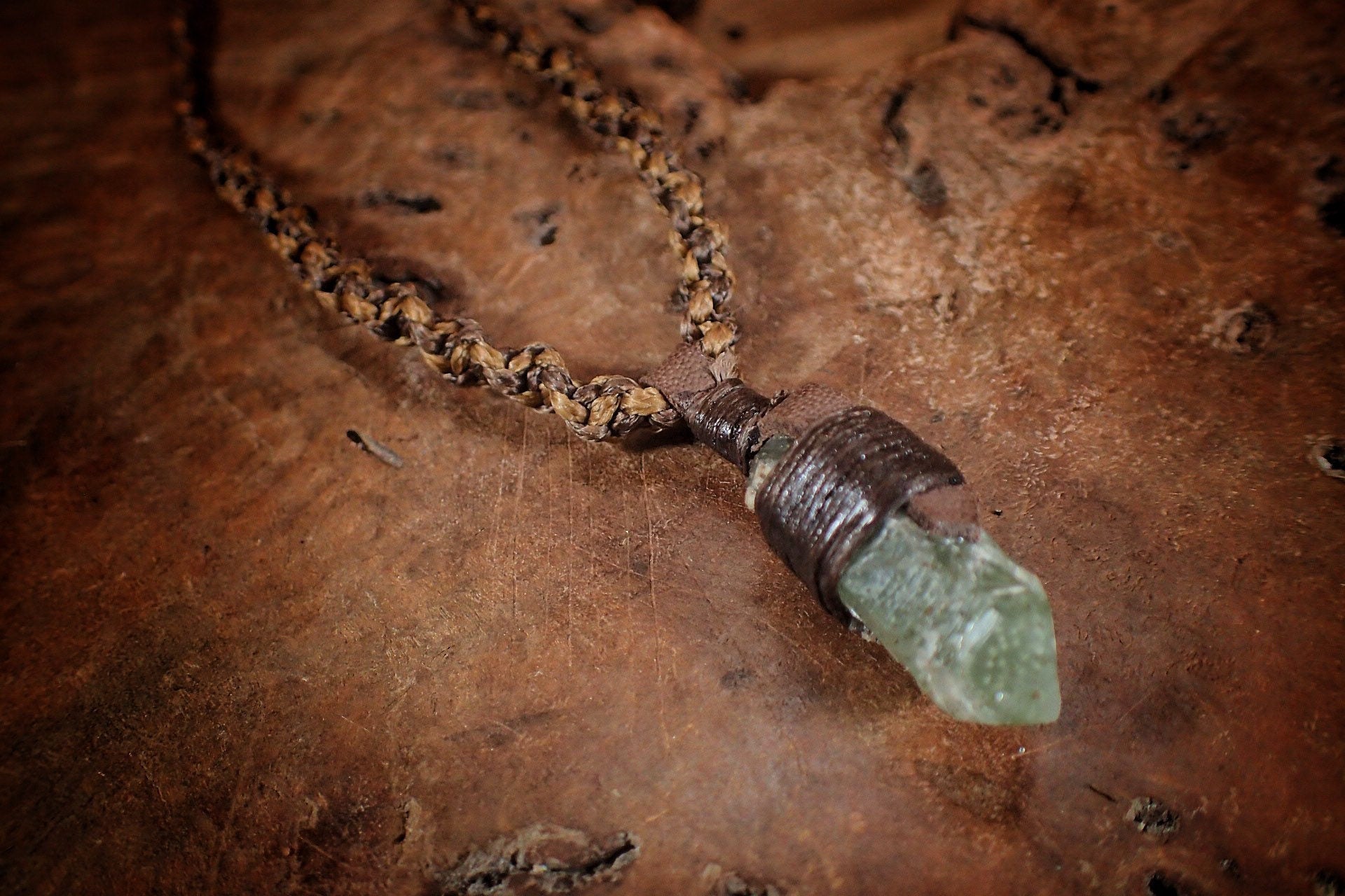 Green Quartz Pendant with Adjustable Hand Woven Macrame Style Necklace