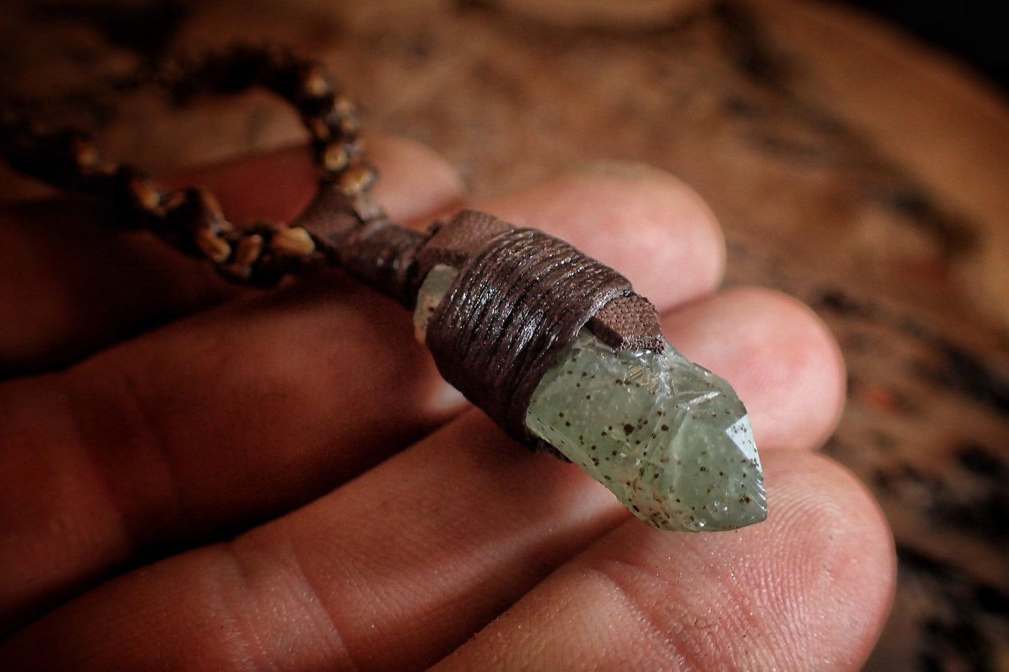 Green Quartz Pendant with Adjustable Hand Woven Macrame Style Necklace