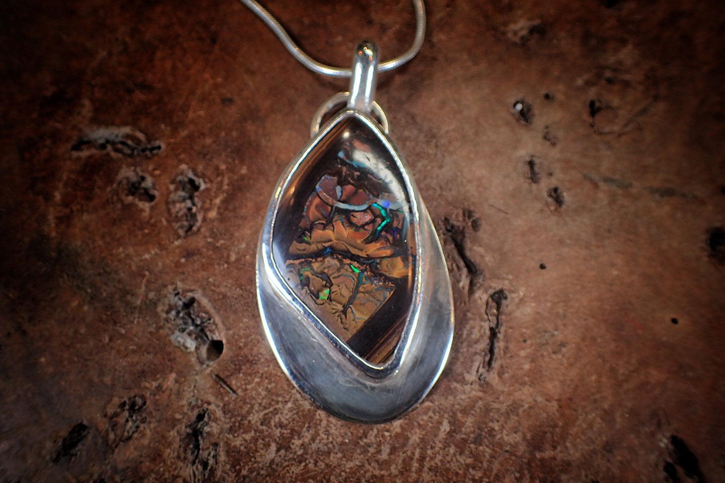 Beautiful Boulder Opal and Silver Pendant on a Snake Chain