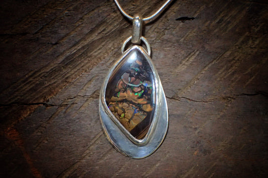 Beautiful Boulder Opal and Silver Pendant on a Snake Chain