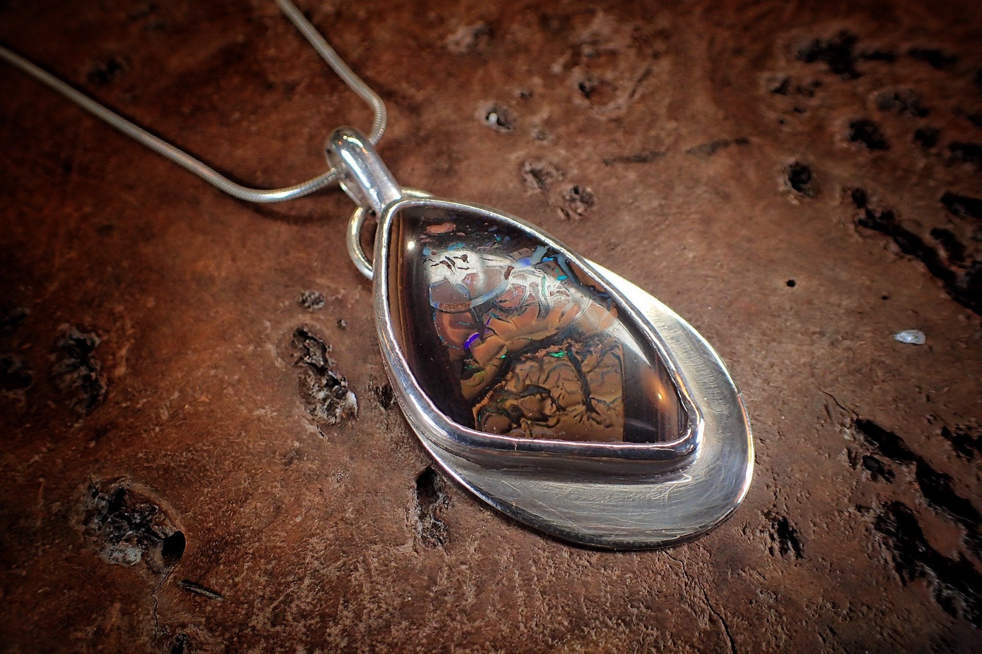 Beautiful Boulder Opal and Silver Pendant on a Snake Chain