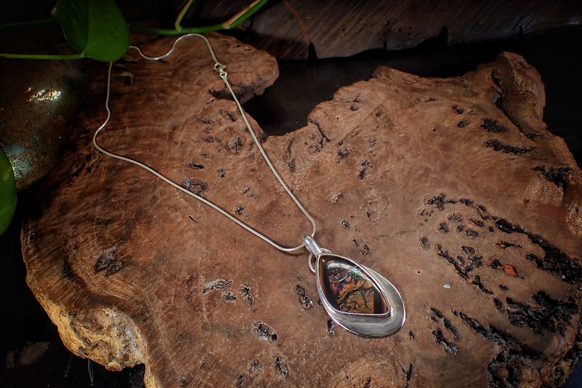 Beautiful Boulder Opal and Silver Pendant on a Snake Chain