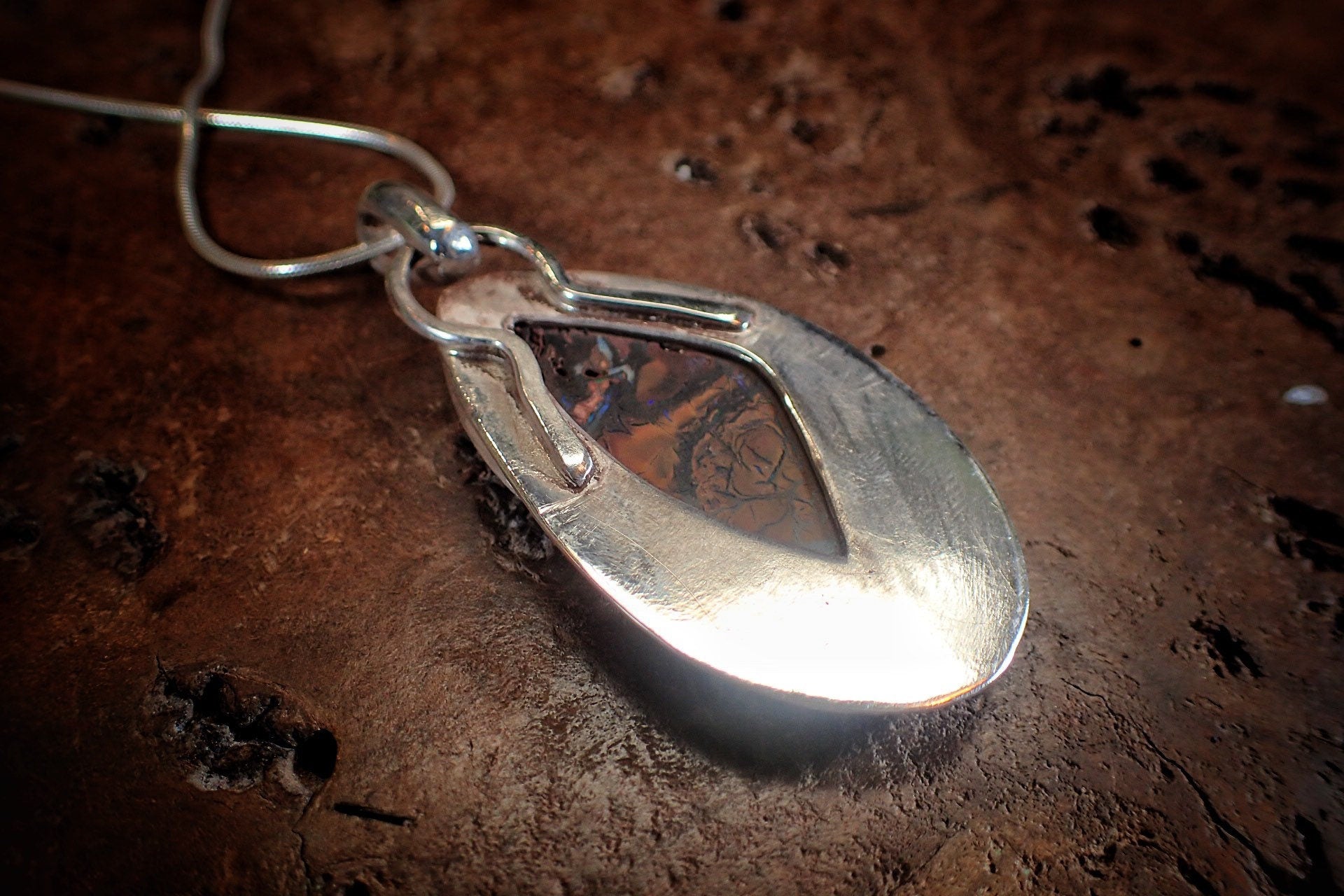 Beautiful Boulder Opal and Silver Pendant on a Snake Chain