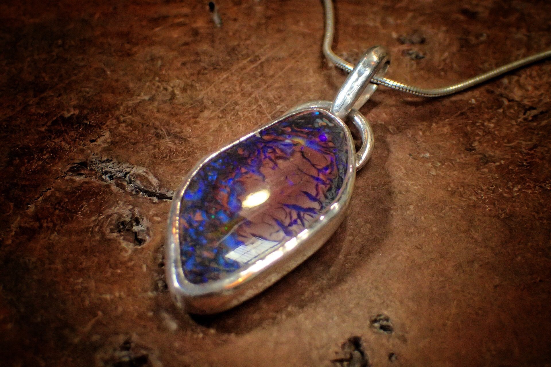 Incredible Rich Boulder Opal and Silver Pendant on a Snake Chain