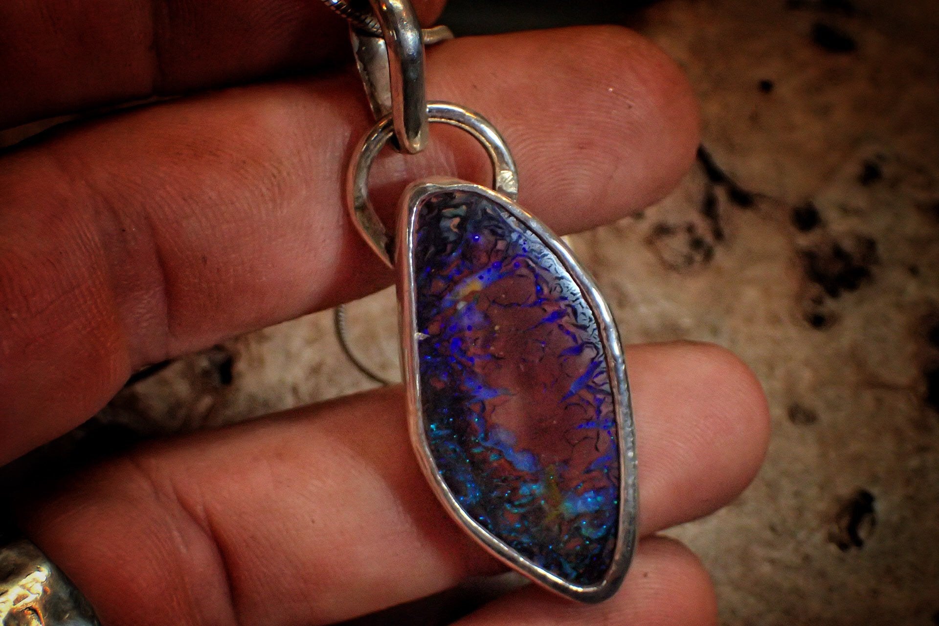 Incredible Rich Boulder Opal and Silver Pendant on a Snake Chain