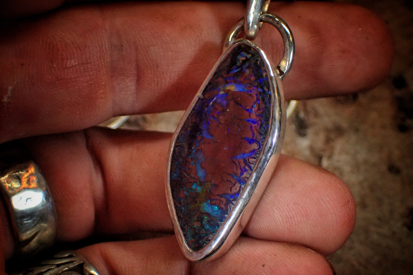 Incredible Rich Boulder Opal and Silver Pendant on a Snake Chain