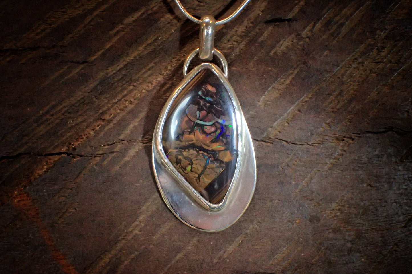 Beautiful Boulder Opal and Silver Pendant on a Snake Chain