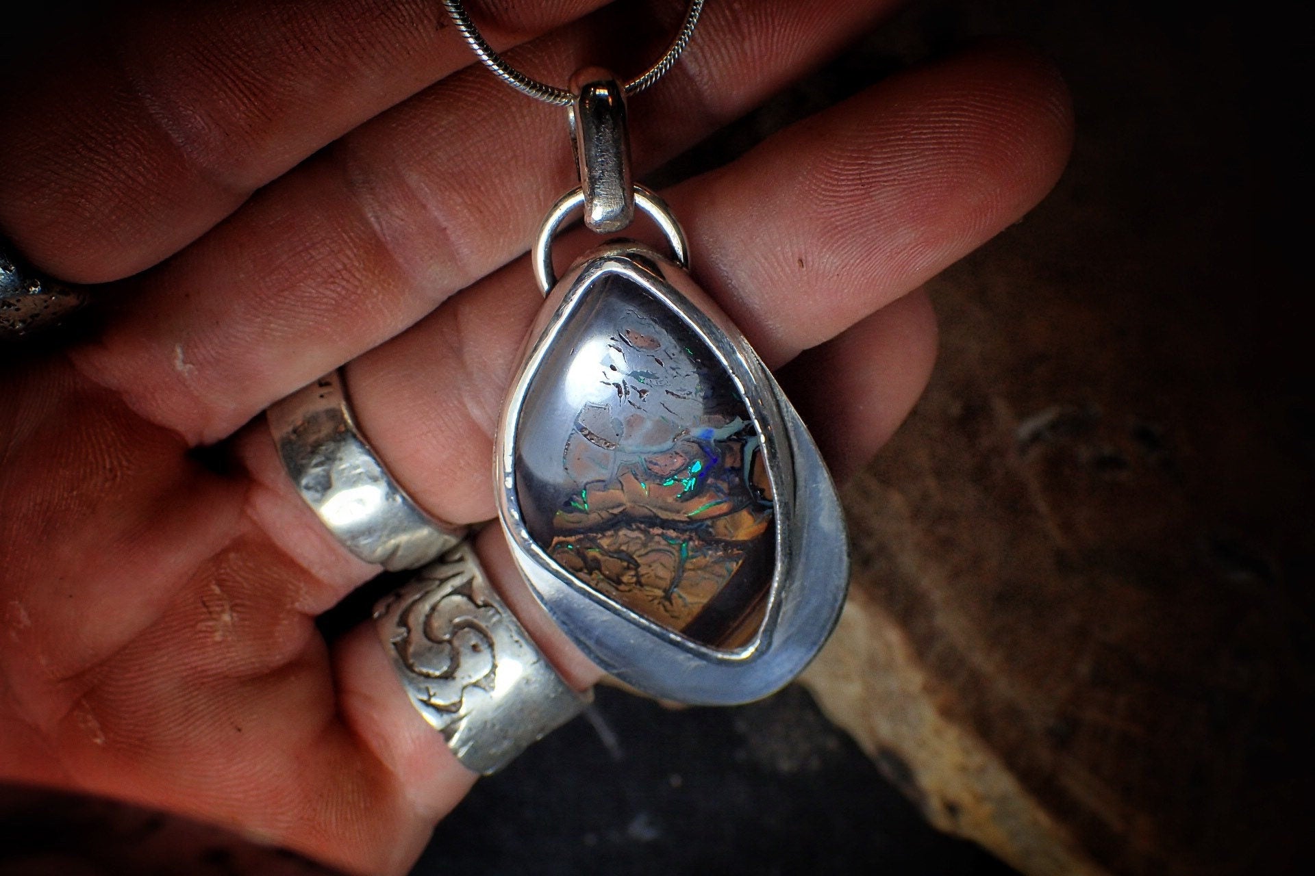 Beautiful Boulder Opal and Silver Pendant on a Snake Chain