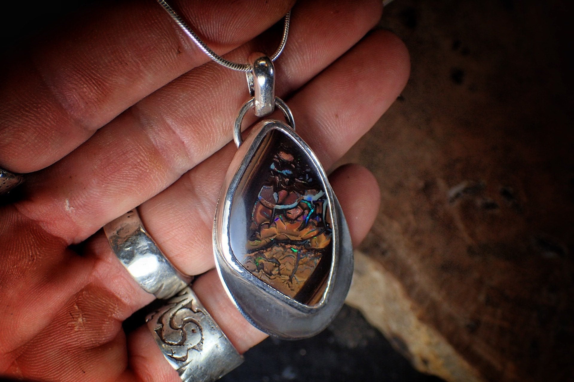 Beautiful Boulder Opal and Silver Pendant on a Snake Chain