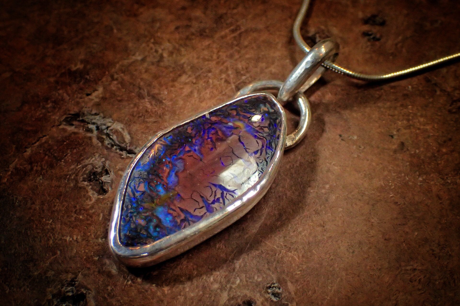 Incredible Rich Boulder Opal and Silver Pendant on a Snake Chain