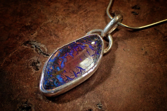 Incredible Rich Boulder Opal and Silver Pendant on a Snake Chain