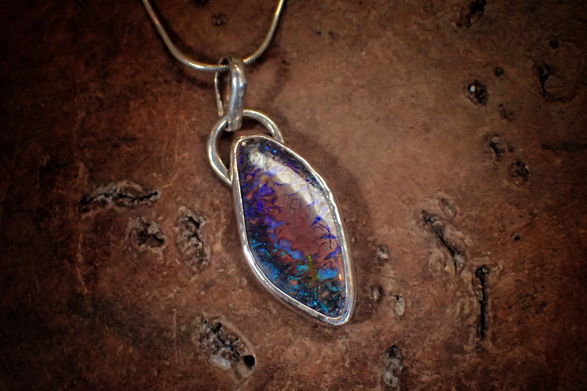 Incredible Rich Boulder Opal and Silver Pendant on a Snake Chain
