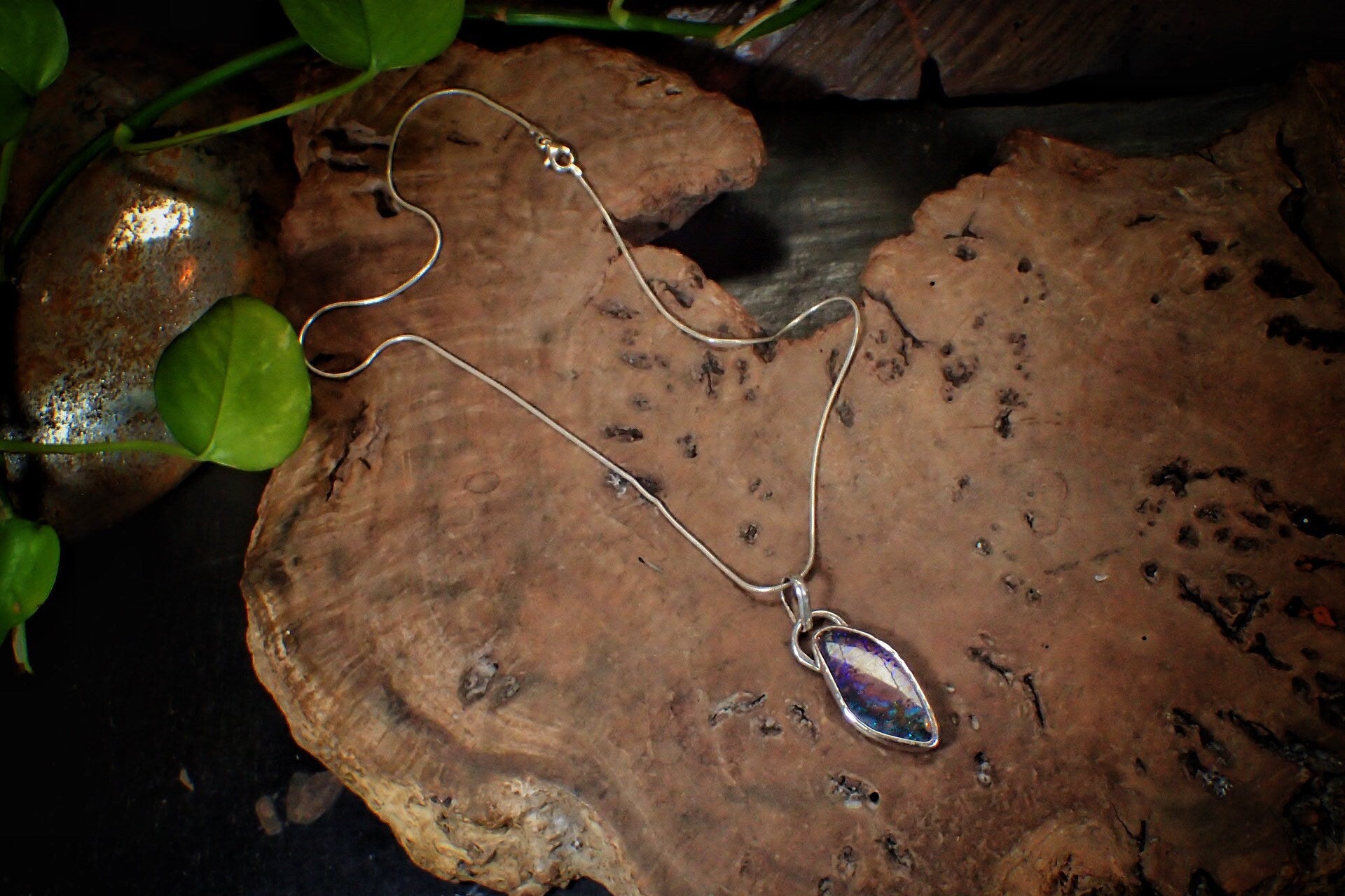 Incredible Rich Boulder Opal and Silver Pendant on a Snake Chain
