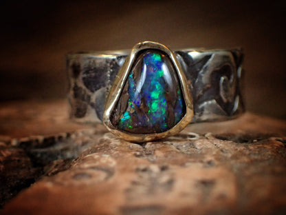 Electric blue and green Yowah boulder opal ring in 9ct gold and textured sterling silver, size 9