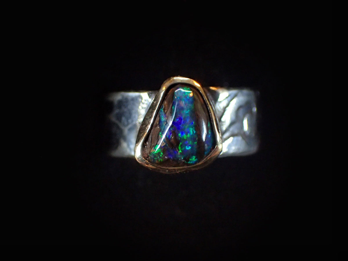 Electric blue and green Yowah boulder opal ring in 9ct gold and textured sterling silver, size 9