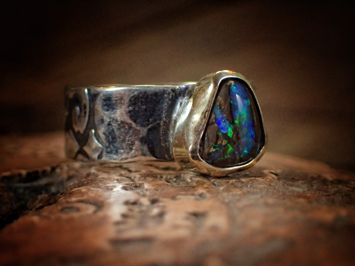 Electric blue and green Yowah boulder opal ring in 9ct gold and textured sterling silver, size 9