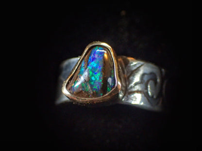Electric blue and green Yowah boulder opal ring in 9ct gold and textured sterling silver, size 9